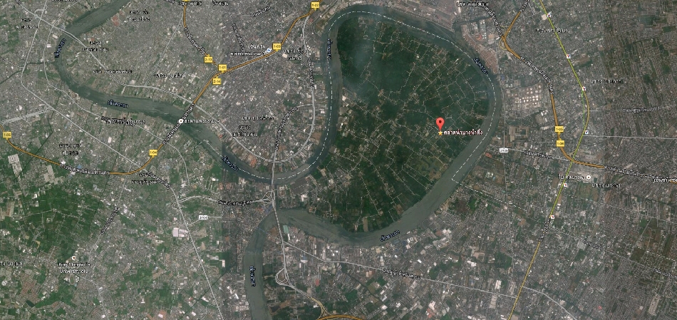 Ｇoogle地圖顯示湄南河沖積出的半島。