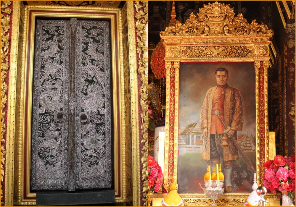 主殿的龍形大門和殿內供奉的三世王畫像。