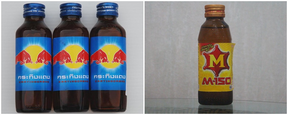 紅牛（左）與M-150都是泰國特有的提神飲料。
