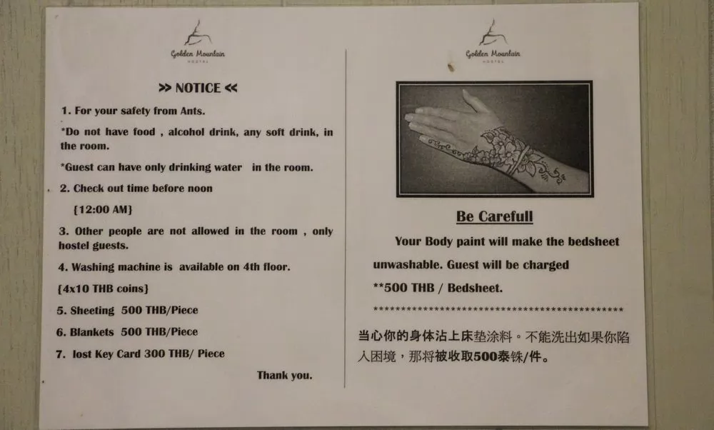 房間的注意事項,中文翻譯能看得懂,算你厲害!