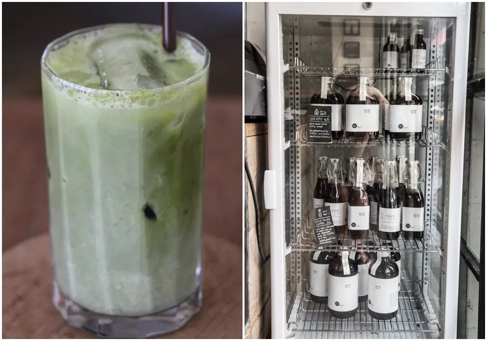 冰抹茶拿鐵（左）1杯95銖。