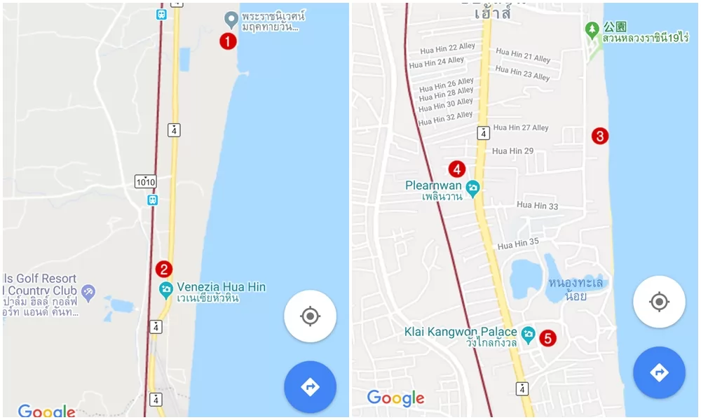 紅圈數字標示北行的5個熱門景點位置。